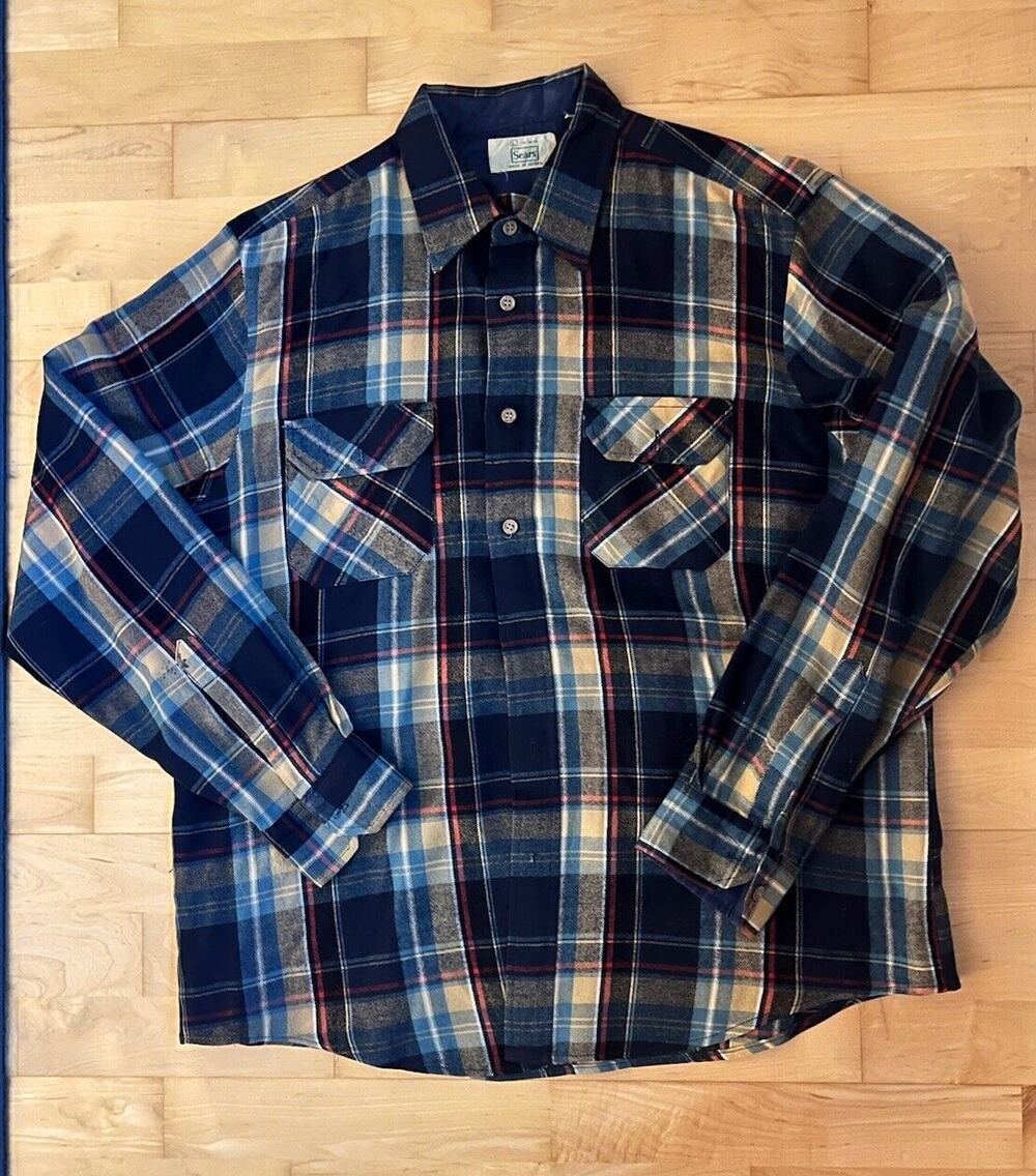 70s 80s SEARS FLANNEL WORK SHIRT VTG PLAID BUTTON UP GRUNGE MENS Large 16-16.5
